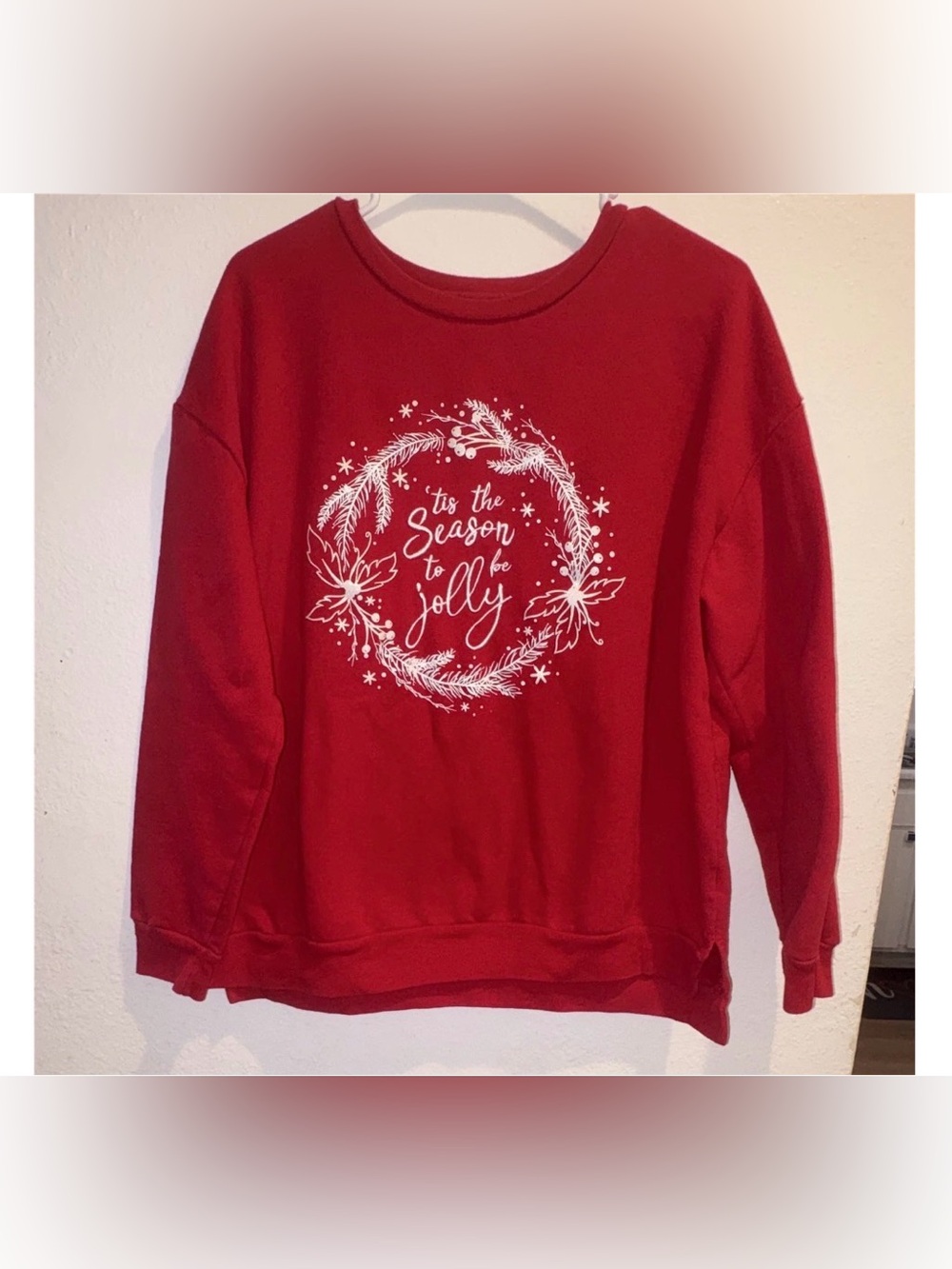 Holiday Time Red Crewneck Sweatshirt with White Holiday Wreath Graphic - Picture 1 of 3